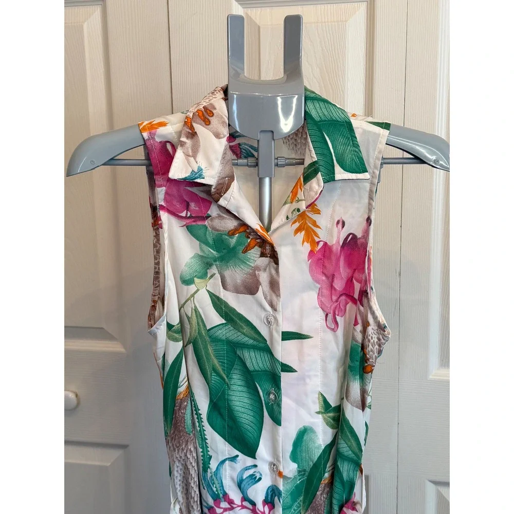 Tropical Floral Print Sleeveless Collared Midi Dress Belted Shirt‎ Dress